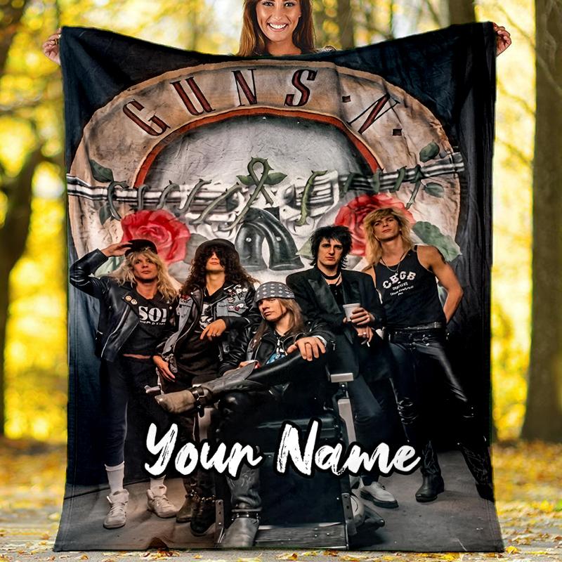 Custom Name Guns N Roses Theme Printed Blanket - Perfect for Couch, Bed, Travel & Outdoor Use | Machine Washable, Cozy & Durable.