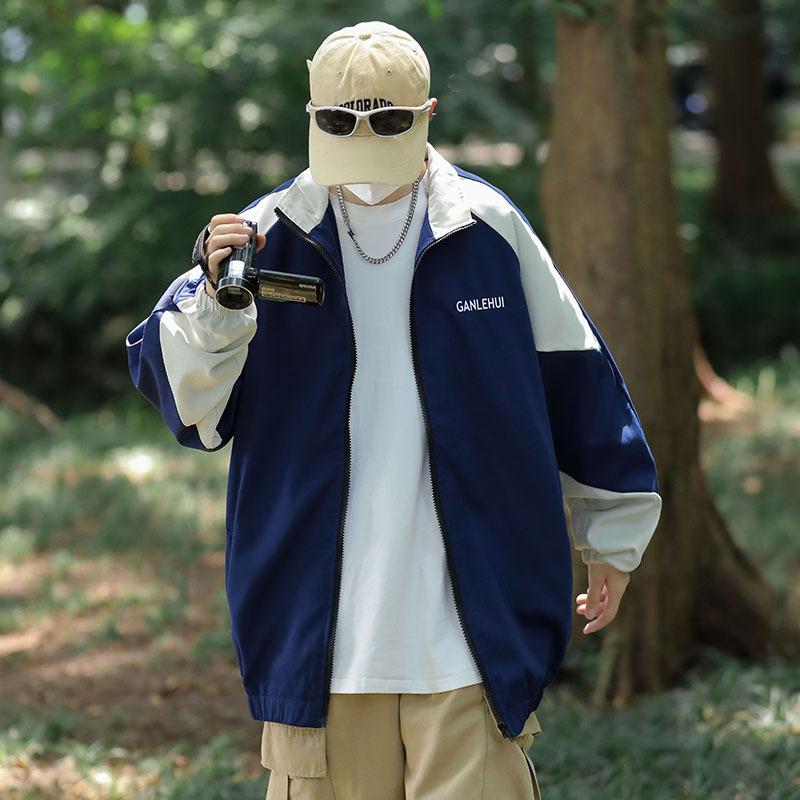 Color matching jacket men's spring Hong Kong style ins trendy brand loose casual Japanese stand-up collar sports trench coat jacket