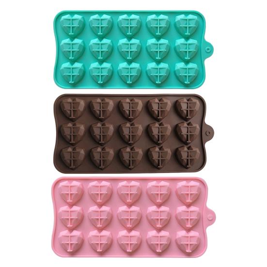 3D Diamond Heart Silicone Mold 15 Grid Diamond Love Heart Shaped Mold Tray Silicone Baking Pan Mold for Making Cake Chocolate Mousse Dessert