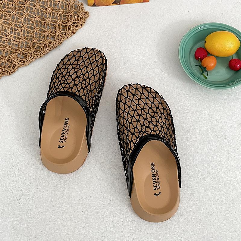 Popular black heightened thick-bottomed bag head dragging women outside wearing hollow cool slippers 35