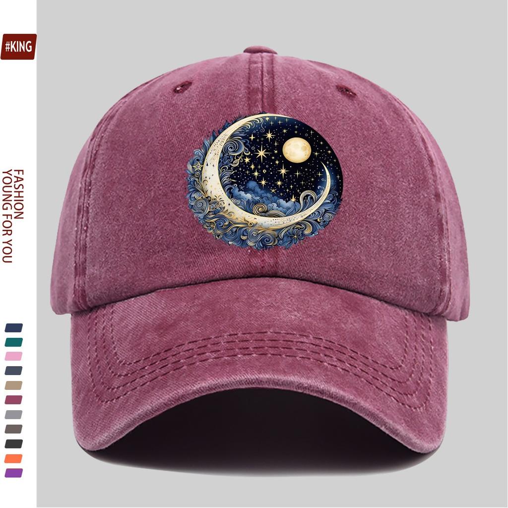 Celestial Moon Stars Baseball Cap Washed Denim Trucker Hat Adjustable Unisex Street Style Outdoor Cap