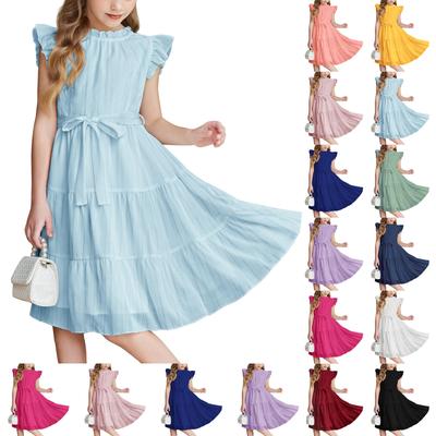Girls' Solid Color Dress Round Neck Tie-Waist Ruffle Hem Dress