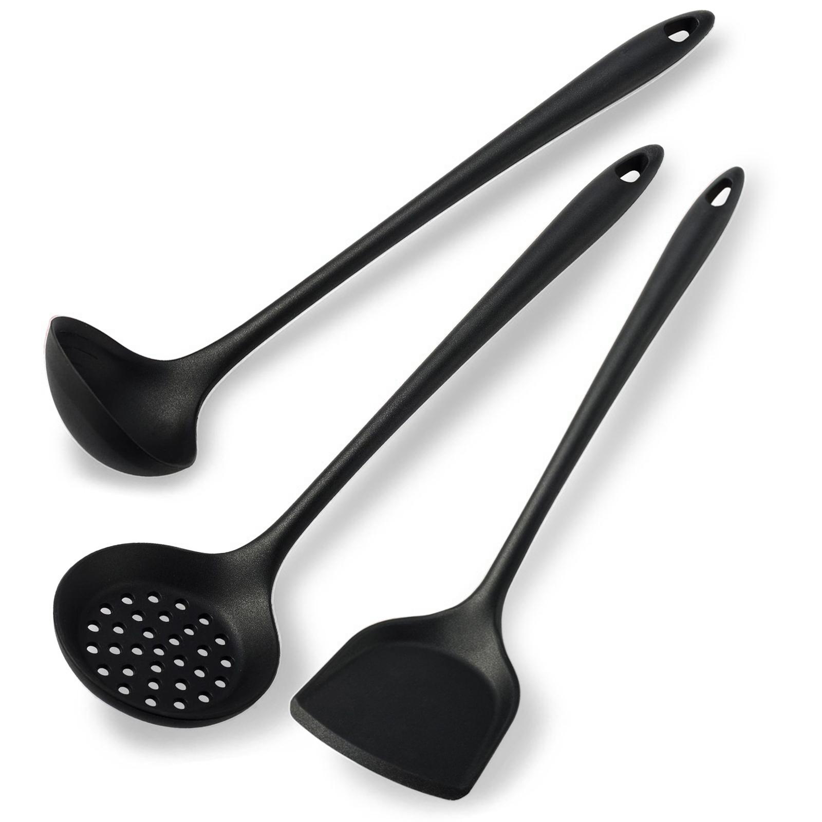 3 PCS Non-Stick Silicone Kitchen Cooking Utensils, Include Soup Ladle, Slotted Spoon, Turner, Use for Stirring,Serving Spaghetti,Soup,Sauce, 15.7in чёрный