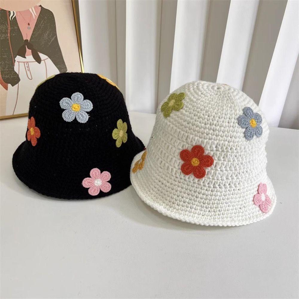 Crochet Flower Knitted Hat Korean Style Bucket Hat Cute Beanies Hat  Girls