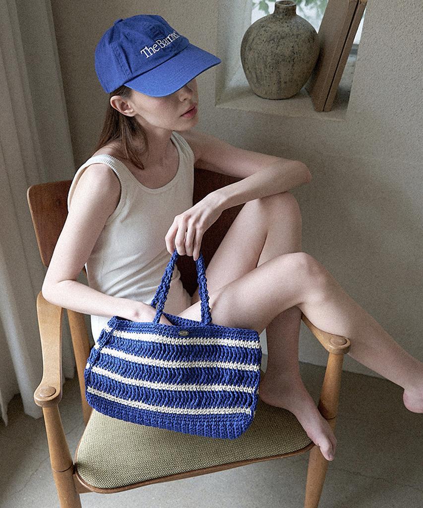Slowslowly Moroccan Handmade Crochet Stripe Wide Tote Bag _ Blue