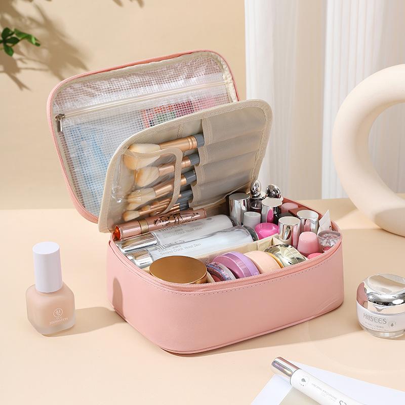 Multifunctional Makeup Bag For Women PU Leather Large Capacity Portable Double Zipper Travel Makeup Brush Toiletries Storage Bag