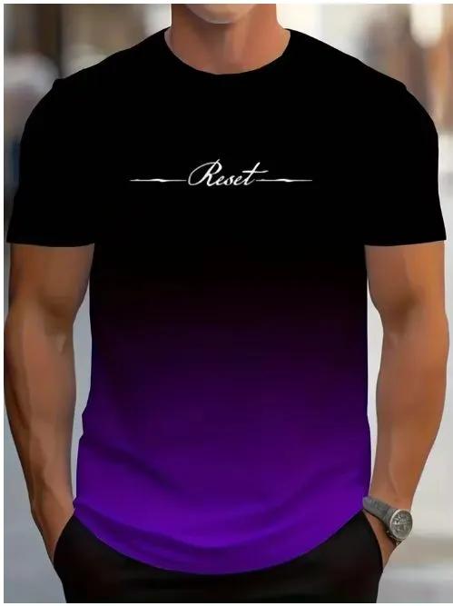 Men's Gradient Ombre T-Shirt with Cursive Print, Slim-Fit Short Sleeve Tee for Casual Streetwear, Multi-Color