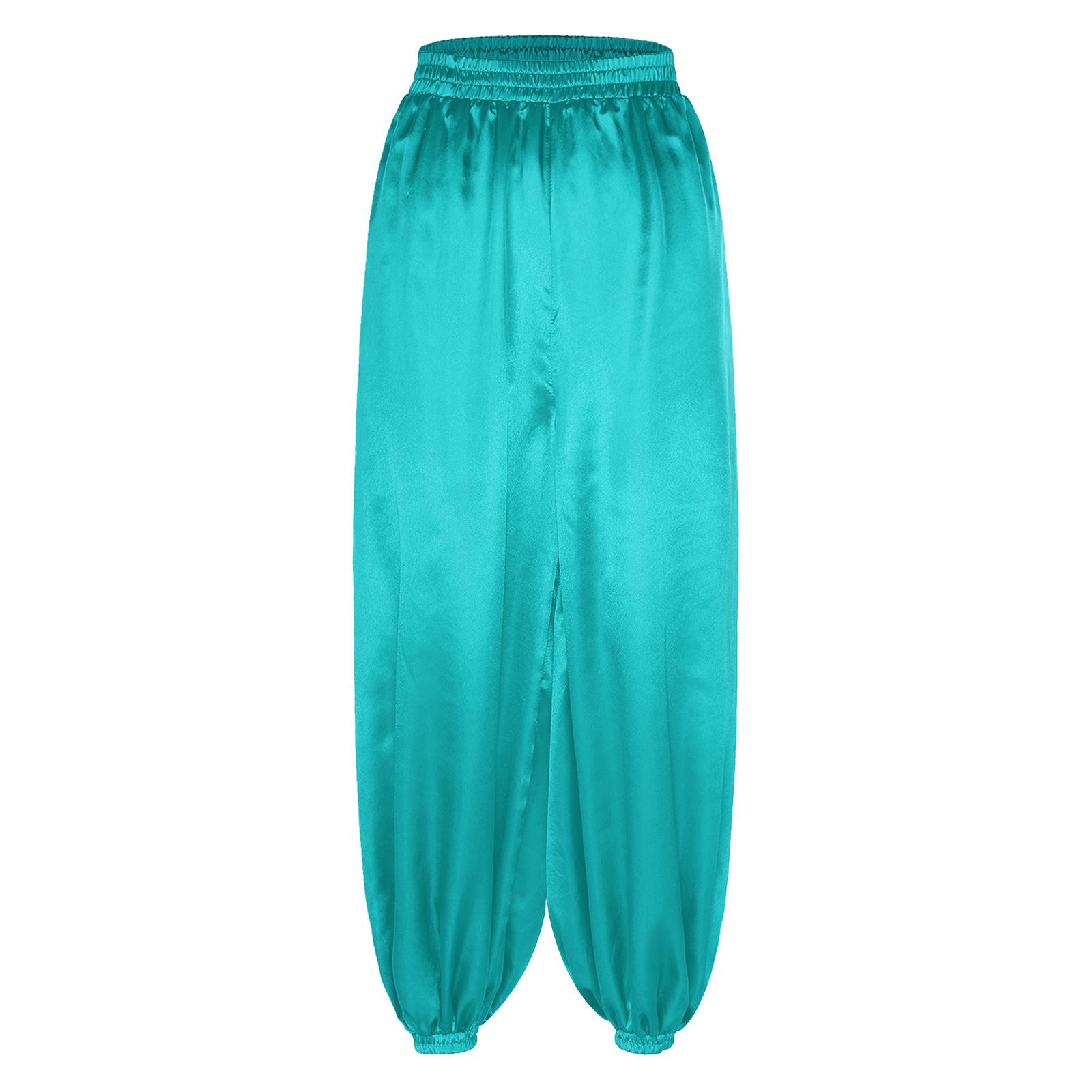 

Жіночі штани для танцю живота вільного крою з еластичним поясом, атласні шаровари, штани для сценічних виступів XXL ціан