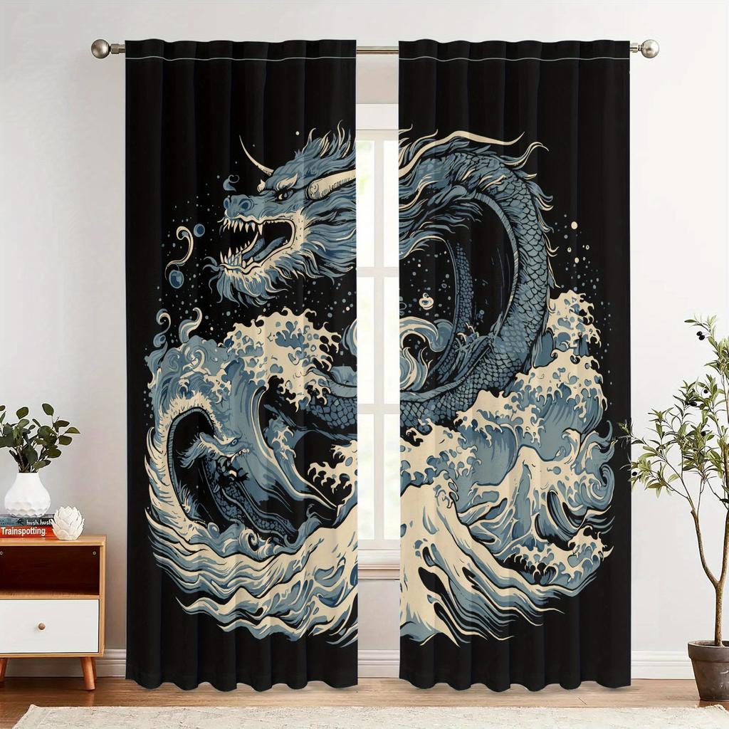 2pcs Dragon Design Blackout Curtains Polyester Retro Japanese-Inspired Dragon & Wave Art, Grommet Top for Easy Hanging