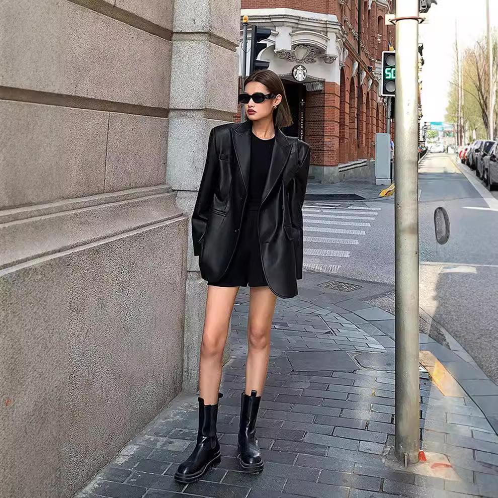 Women Black Brown Soft PU Blazer Shoulder Pads Long Sleeve Single Breasted Loose Casual Jacket Tops Korean Fashion Coat