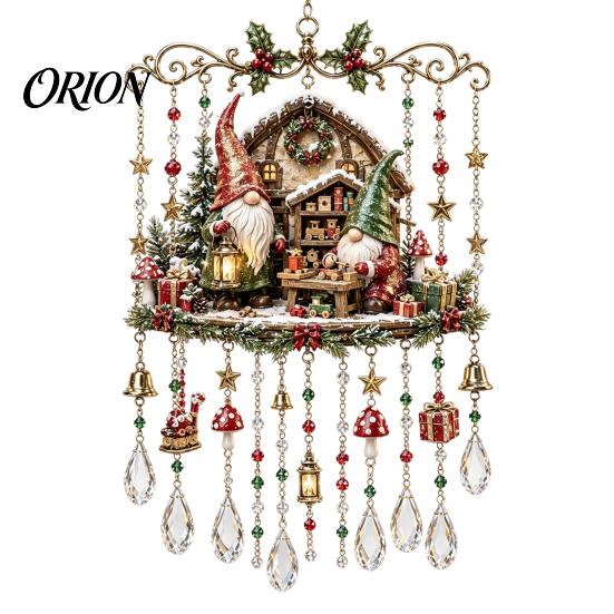 Vintage Christmas Train Pendant Wind Chime with Crystal Bead Chain, Cat Car/Owl Xmas Festive Window Display Pattern Design, Retro Hanging Ornament for