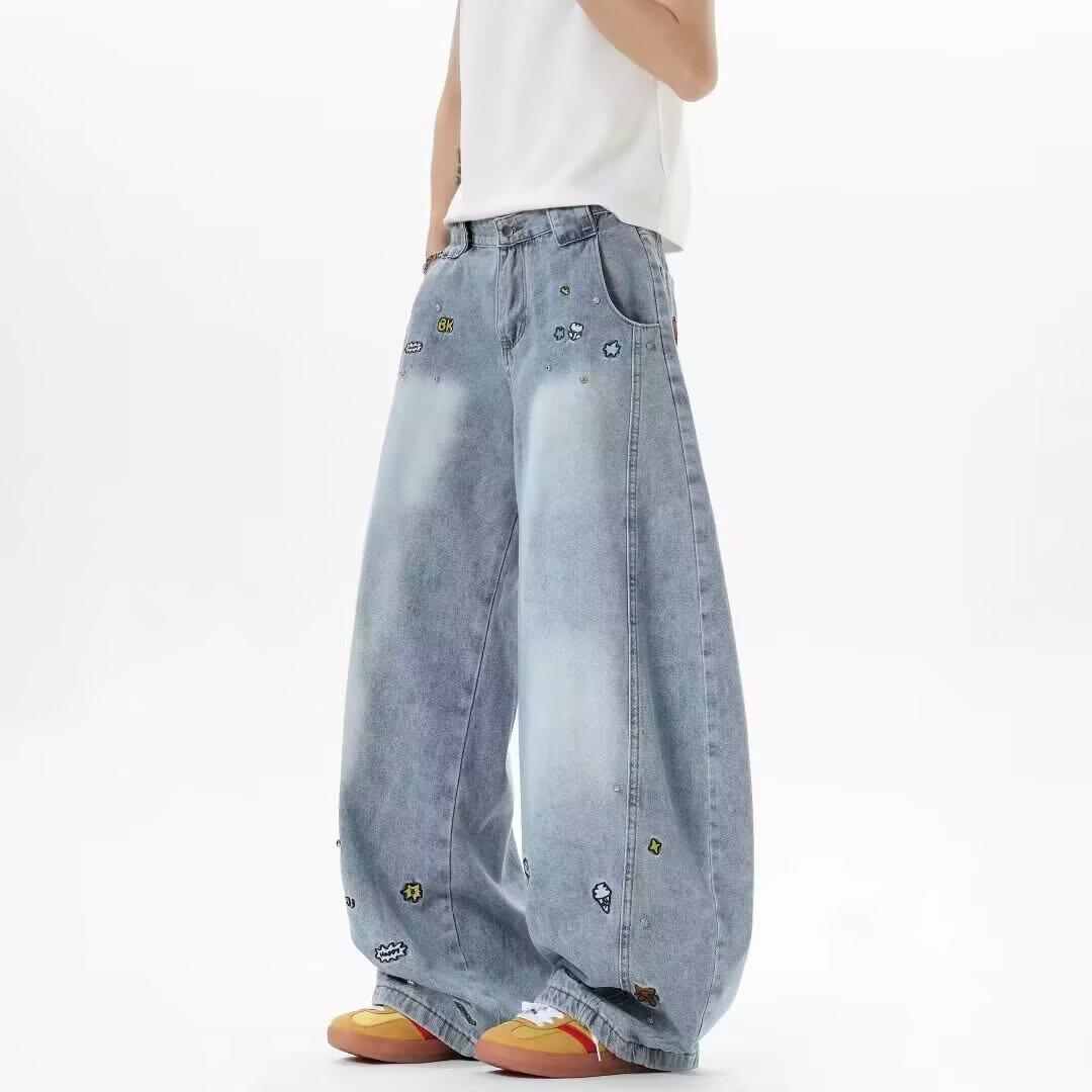 Джинсы JYL мужские расклешенные винтажные с вышивкой мультяшной тематики нишевый дизайн свободные прямые джинсовые XL янтарь