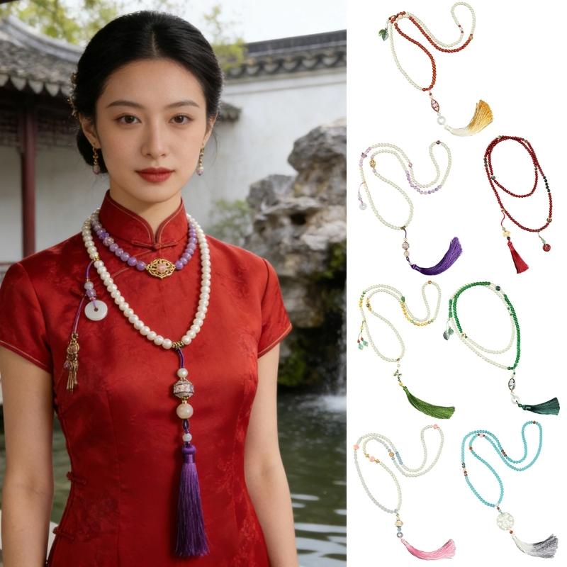 Women's Fashion Long Layering Beaded Fringe Necklace with Glass Stone Accents for Comfortable and Stylish Wear in Various Occasions