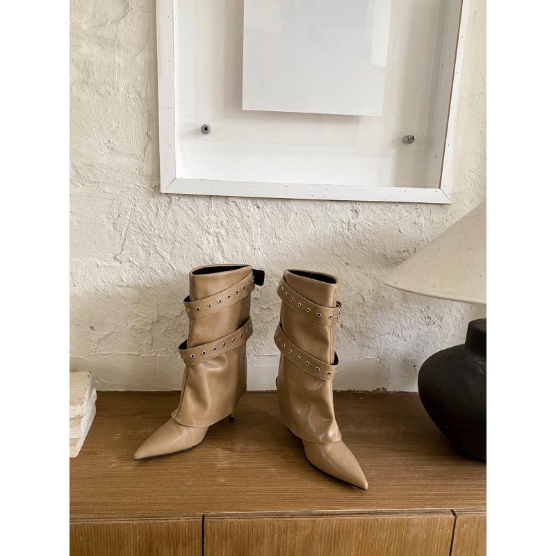 2025 Autumn European and American Style Rivet Belt Buckle Wide Tube Pointed High Heel Boots