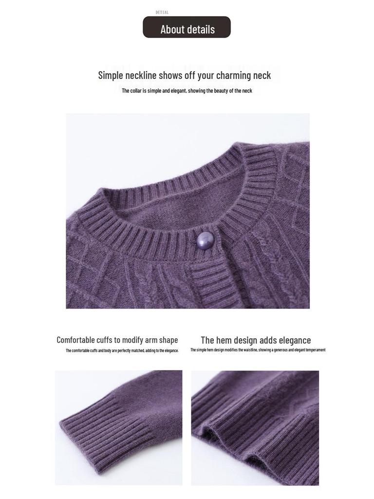 Women's Warm 100% Pure Wool Cardigan: Autumn/Winter Thick Knit Round Neck Sweater for Middle-aged & Elderly Moms