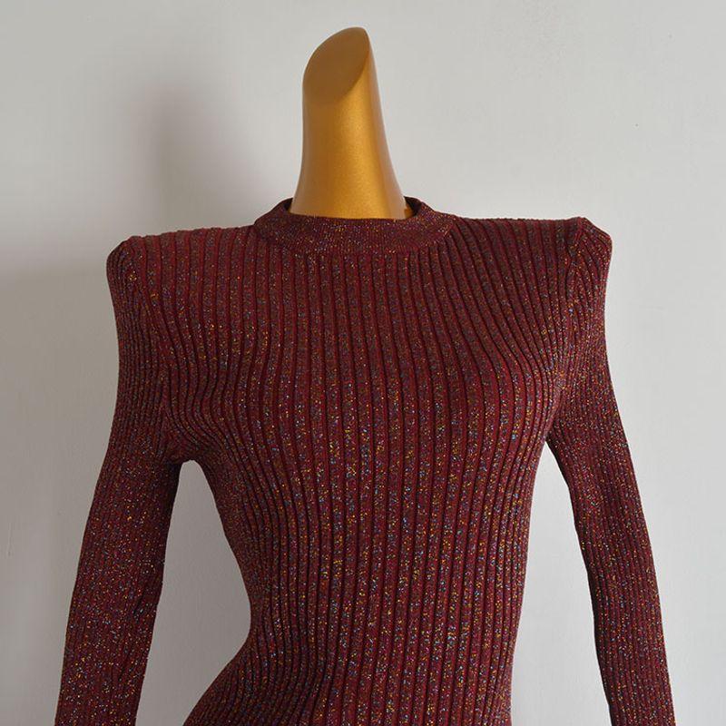 Fall and Winter New Round Neck Shiny Long Sleeves Knitting Dress Women's Clothing Silm Slim Looking Mid Length Long Length Bodycon Dress