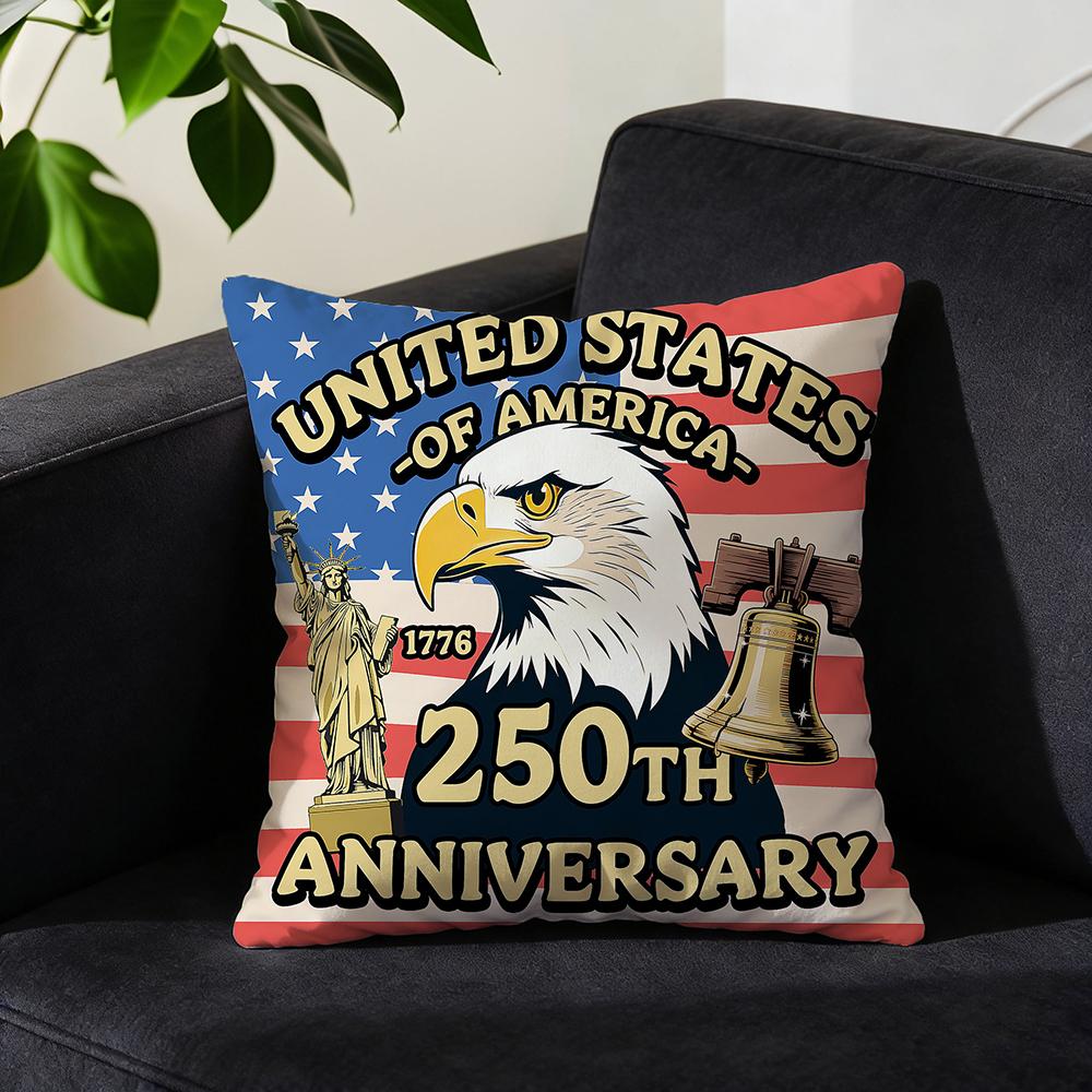 1Pc Usa 250Th Anniversary Throw Pillow Cover, Bald Eagle & Liberty Bell Patriotic Decor, American Flag Design Pillowcase For Hom
