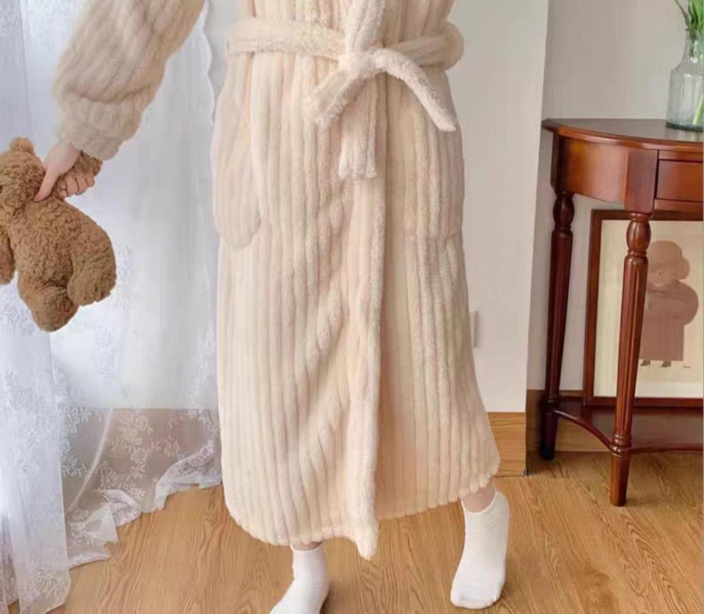 Women's 2025 Autumn/Winter Plush Pajama Set: Vertical Stripe Robe & Lined Nightgown