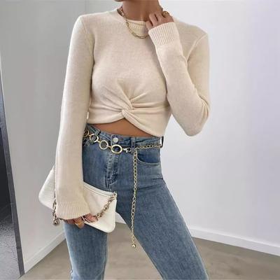 Herbst und Winter Schlanke Damenmode Einfarbig Vielseitig Rundhals Design Kreuz Strick Top Pullover