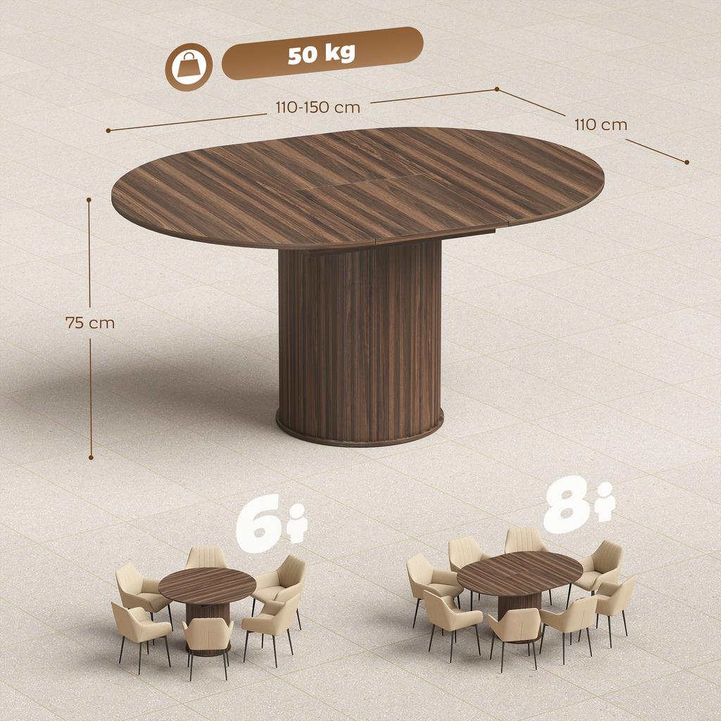 Extendable Dining Table for 6-8, 110-150 cm, Oval, Round Central Base, Walnut