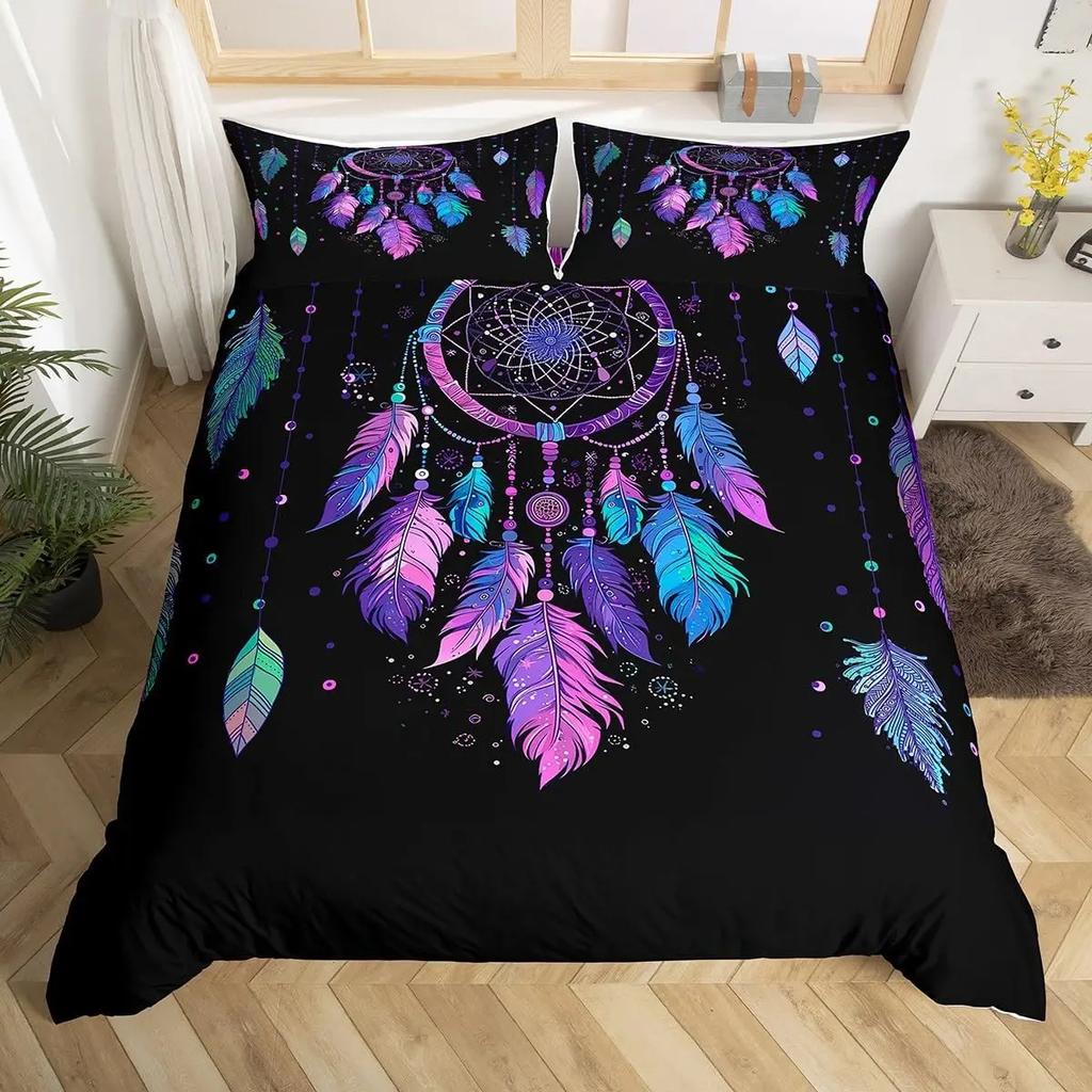 Conjunto de Cama Apanhador de Sonhos Boho Mandala Capa de Edredom Solteiro King, Capa de Edredom Exótica Tribal Pena Céu Estrelado Galáxia