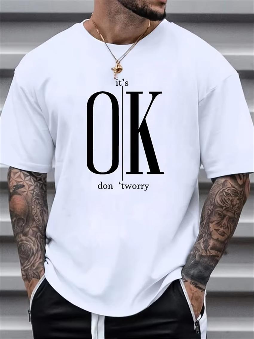 

Men s 100 Cotton Summer Loose OK Print Round Neck T-shirt Cool Street Cotton Simple Outdoor Short Sleeved Plus Size 4XL