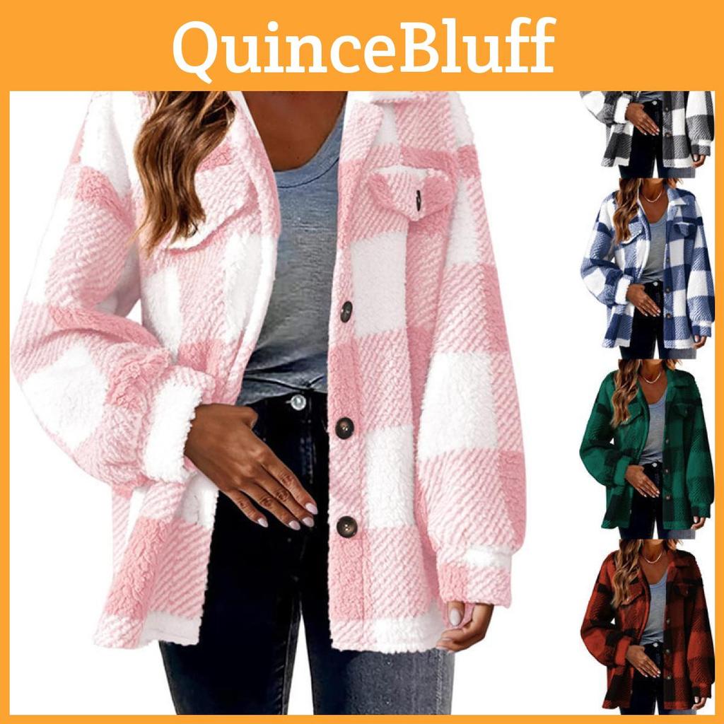Button Plaid Pattern Front Teddy Coat Peplum Long Sleeve Winter Warm Coat Womens