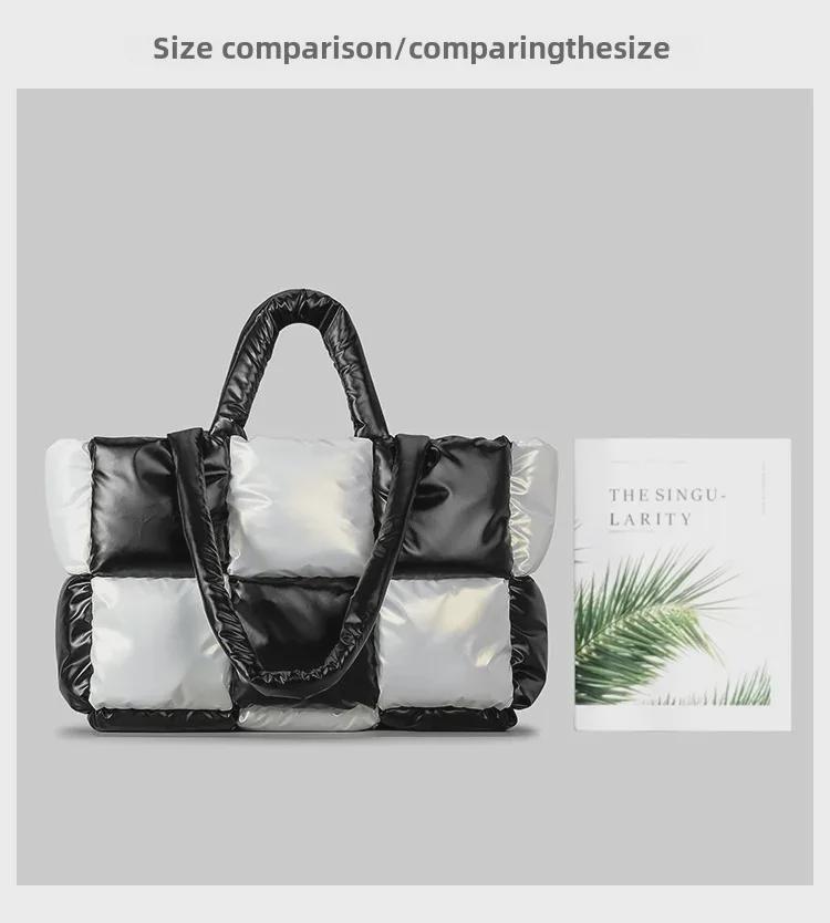 Women's Lightweight Black and White Checkered Tote – Soft, Down-Filled Shoulder Bag