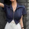 Korean Retro Minimalist Short-Sleeve Zip-Up Slimming Sports Jacket with Turn-Down Collar for Women