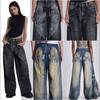 Y2K Vintage Gradient Angel Wing Print Wide Leg Denim Pants Women Mid-Rise Straight Cut Jeans