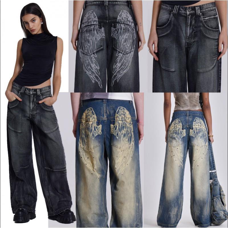 Y2K Vintage Gradient Angel Wing Print Wide Leg Denim Pants Women Mid-Rise Straight Cut Jeans
