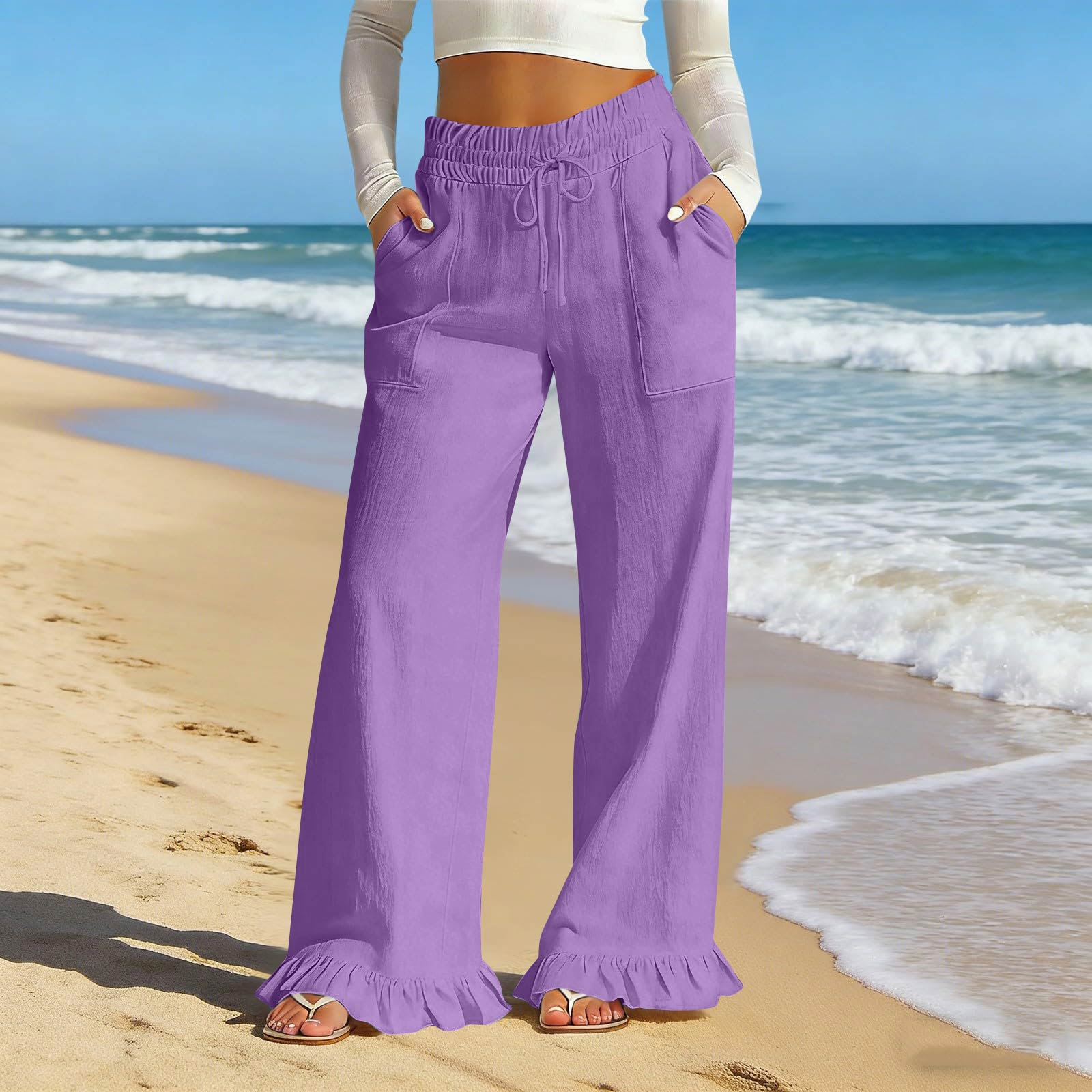 Women s Fashion Ruffle Hem High Waist Drawstring  Color Casual Pants L