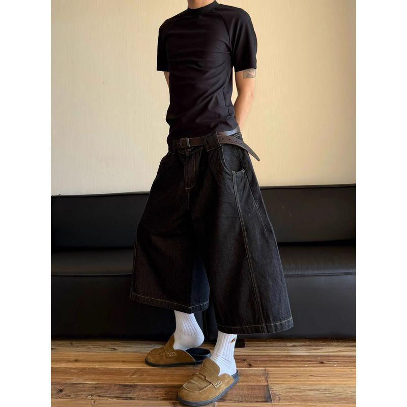 Cabbage Coke American vintage Black Shorts Cropped Pants Men's Summer Wide Leg Loose Original Cow Jeans Tide