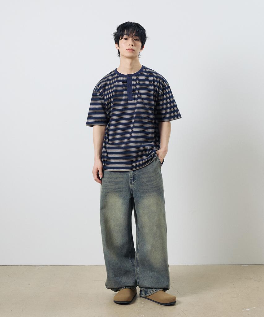 Dibsenseu Striped Henley Neck Short Sleeve T-Shirt - Blue