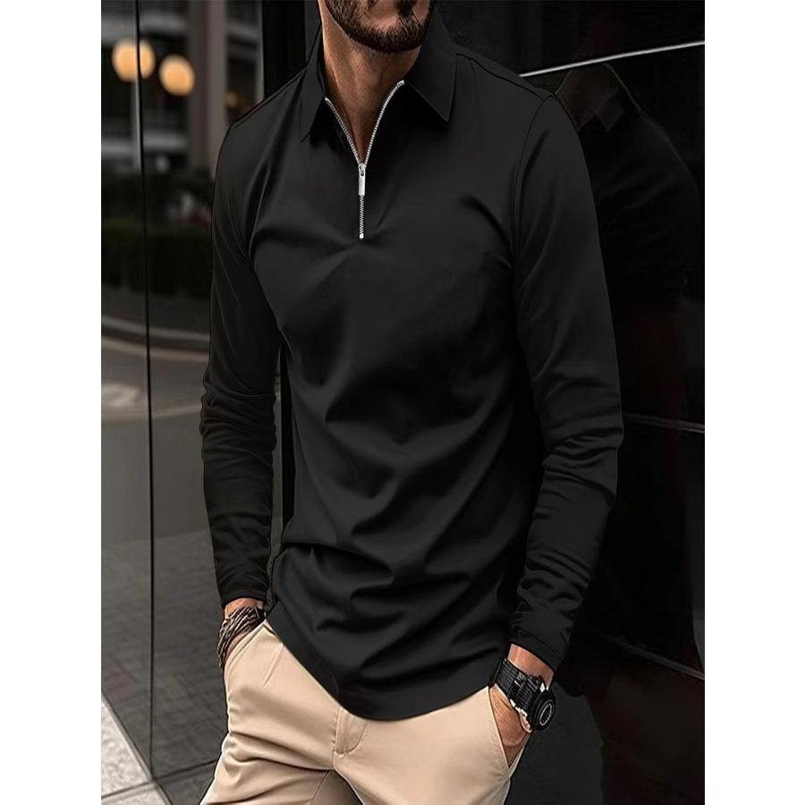 Wiosna Jesień Solidne Koszulki Polo Moda Męska Sportowa Koszulka Polo Z Długim Rękawem Z Kołnierzem Na Zamek Błyskawiczny