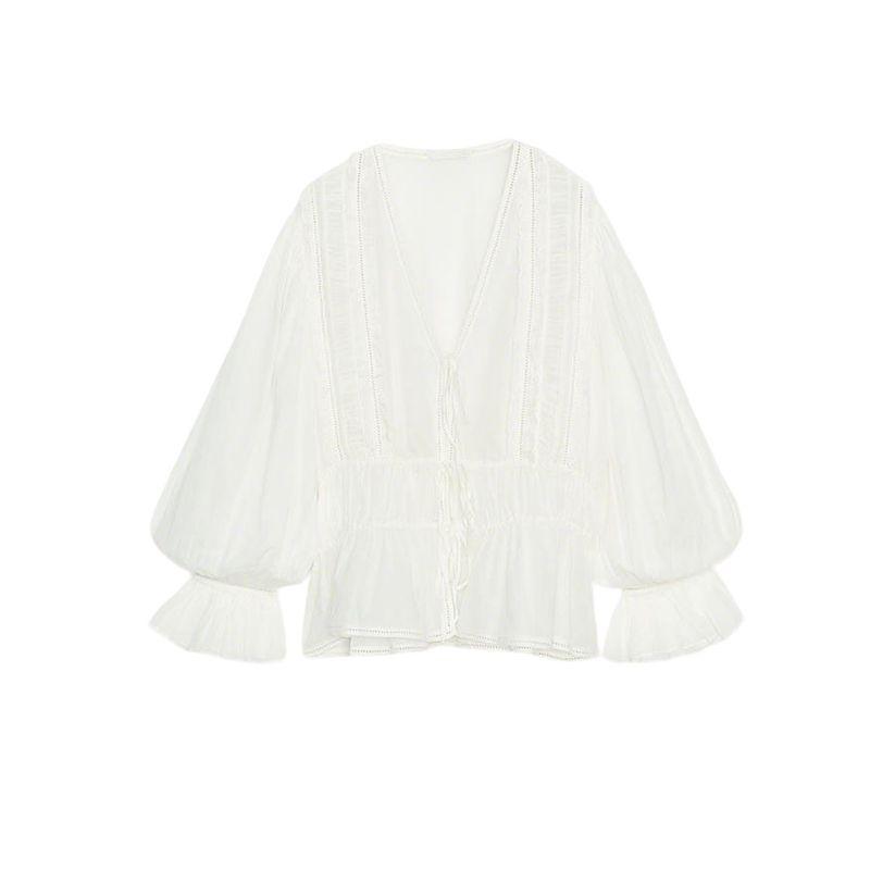 

Fall New Women s Clothing French Design V-neck Flounce Long Sleeves Romantic Style Lace Shirt 7521242 Ground White L