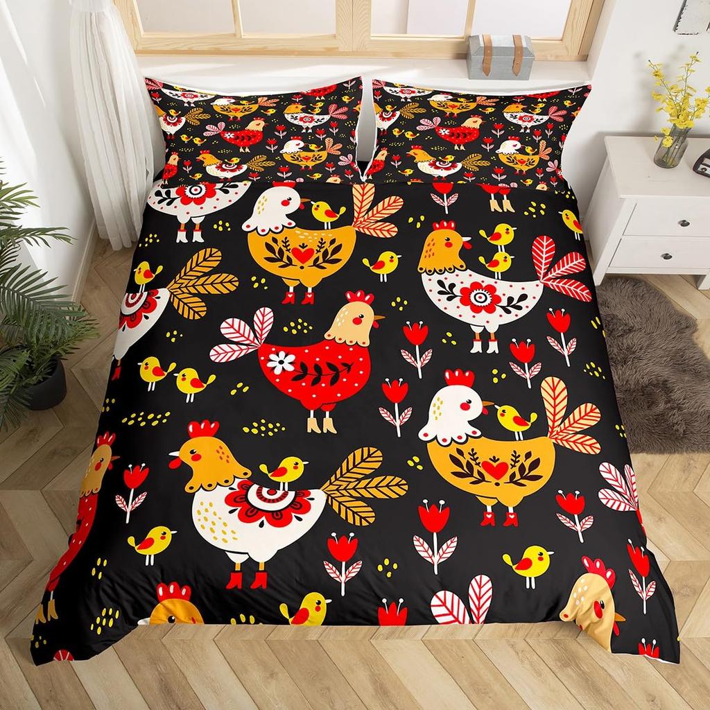 Hahn Druck Bettwäsche Bettbezug Set Niedliches Küken Bettdeckenbezug Set für Raumdeko Full King Size mit 2 Kissenbezügen 3-teilig