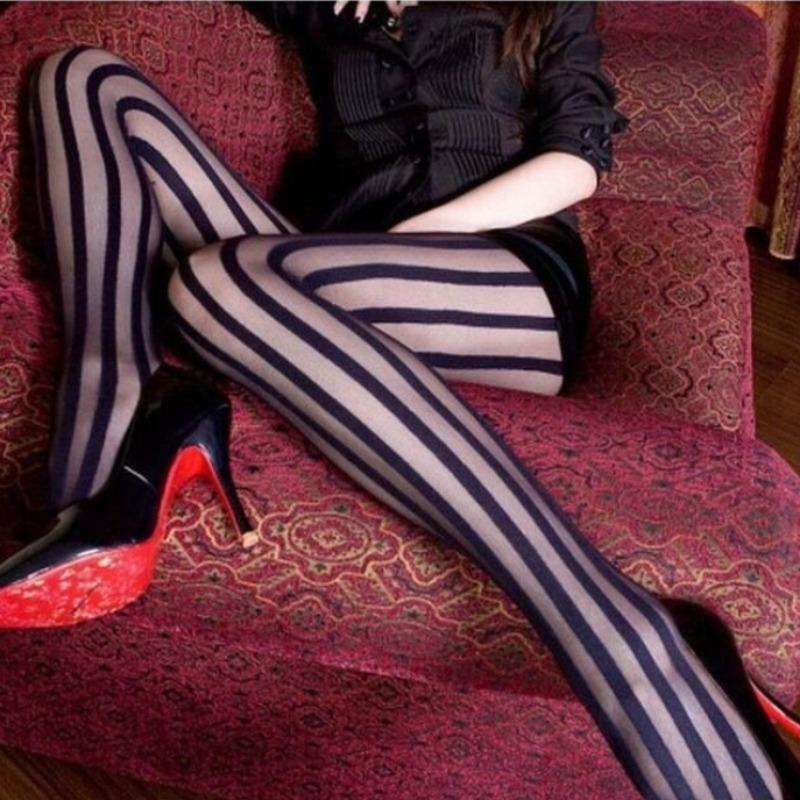 Vintage Striped Pantyhoses Women'S Sexy Sheer Wide Vertical Stripe Black Tights Retro Classic Nylon Hosiery Thigh High Stockings