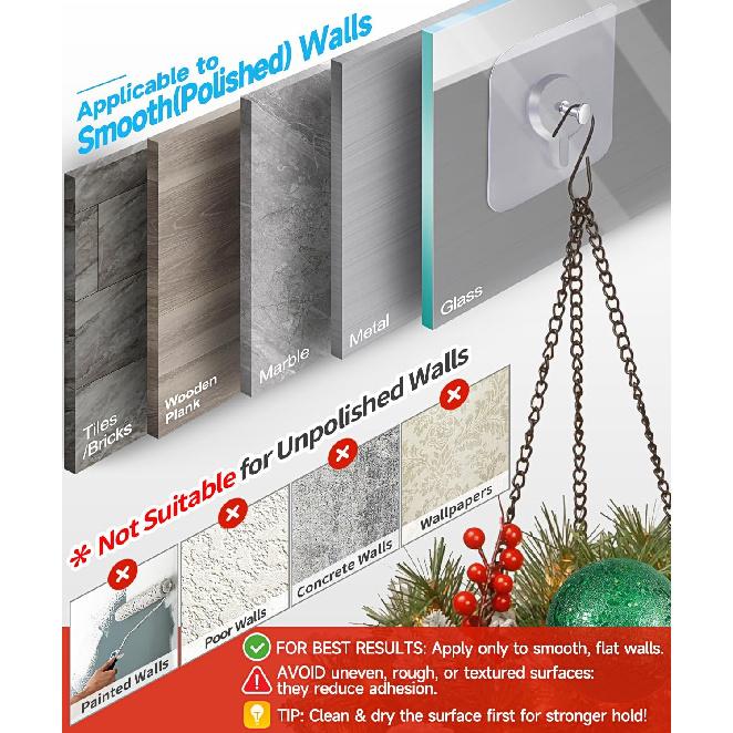 Adhesive Hooks for Wall(13lb Max), Wall Hangers Without Nails for Photos Frames, Utility Waterproof and Oil Resistant Hooks for Kitchen, Bathroom,