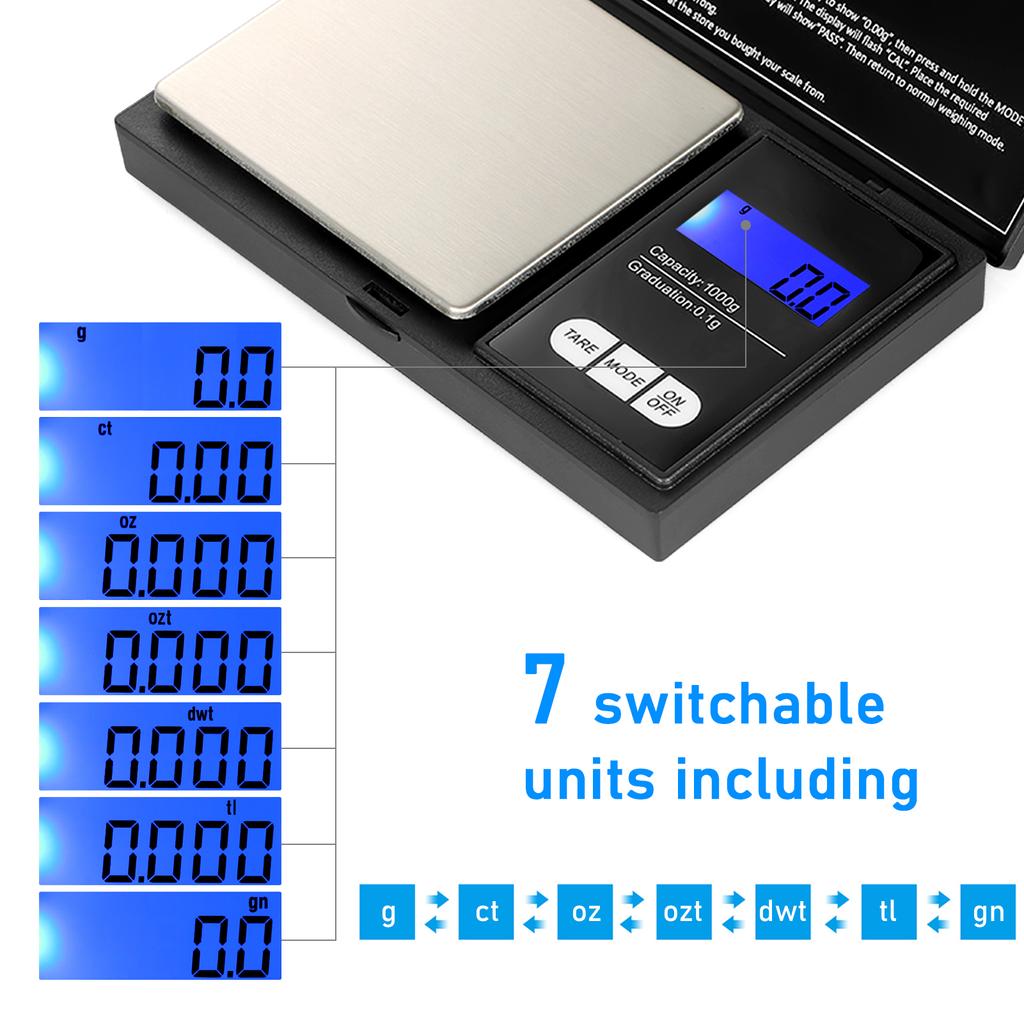 Přenosná digitální váha 1000g/0,1g Vysoce přesná zlatá váha na šperky se 7 jednotkami mini kapsy