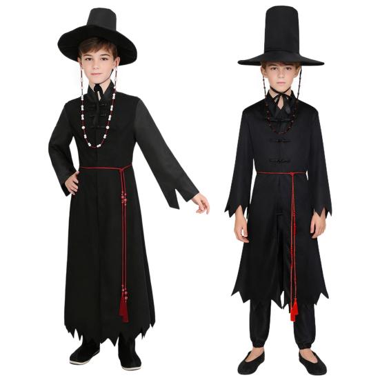 1 Set Black Hunter Costume Set Well-Crafted Traditional Clothing Role-playing Props Coat Trousers Hat Chain
