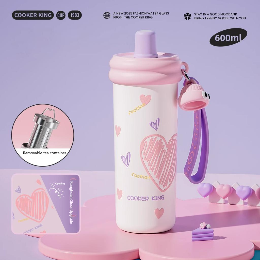 COOKER KING 600ml Insulated Cup with Tea Strainer Straw Thermos Cup Stainless Steel Vacuum Flask Girls Students Hot & Cold Flask