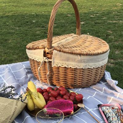 Picnic BBQ Photography Props Handmade Woven Storage Bag with Handle Lids Portable Basket Picnic Photography Props