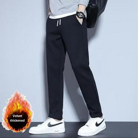 Black Label Plus Men's Slim Fit Tall Straight Fleece Pants - Autumn/Winter Korean Casual Trousers