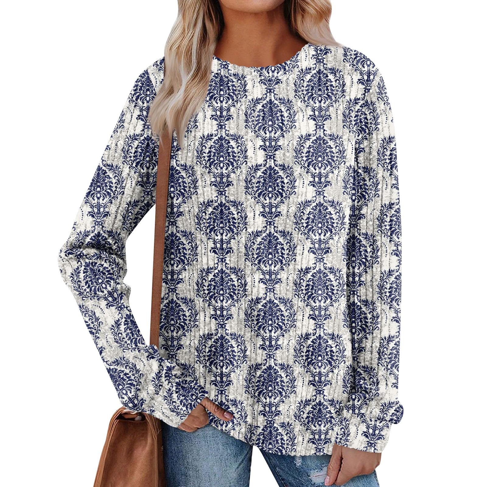 

Women s Winter Color-Block Printed Lightweight Brushed-Cotton Round Neck Top L синій