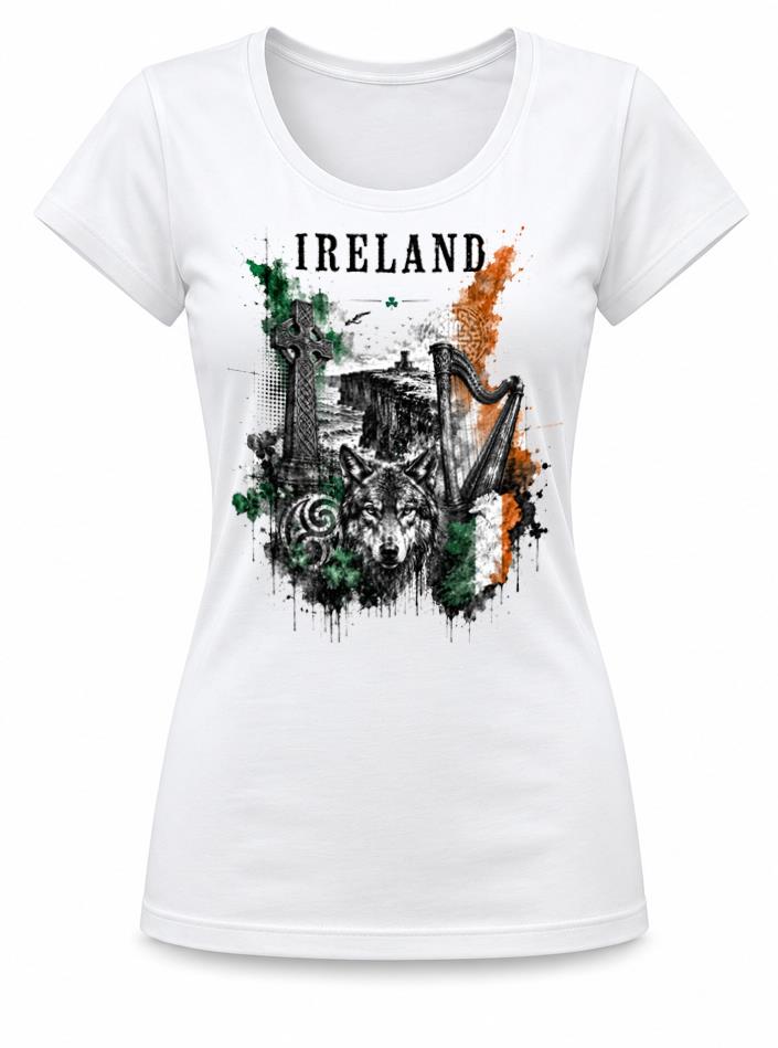 Unisexs Ireland Trash Water Colour Irish Celtic Wolf Lady Fit White TShirt 2XL