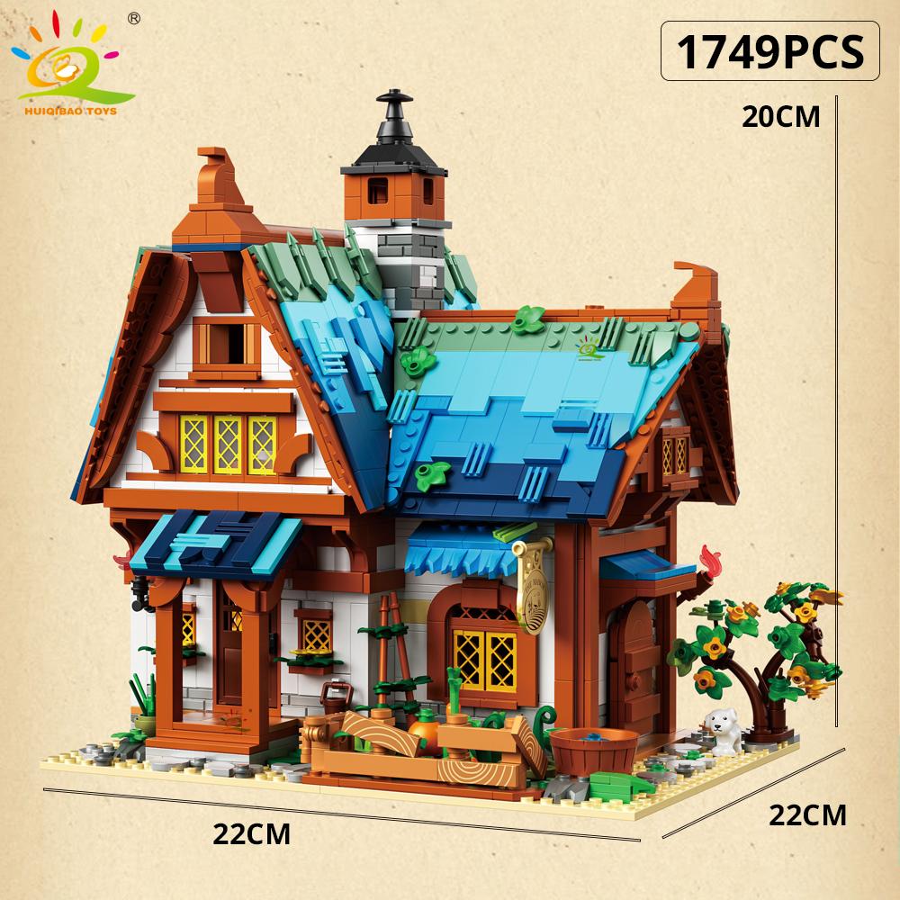 HUIQIBAO MOC Burgstadt Mittelalterlicher Architekturstil Haus Mikro-Bausteine Mini Ziegel Konstruktionsspielzeug für Kinder Geschenke