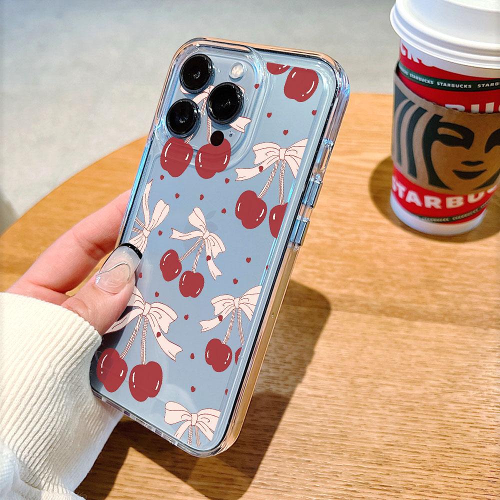Red Cherries with Bows Pattern Phone Case for IPhone 17 15 16 14 13 12 11 Pro Max Plus 12 13 Mini TPU Protect Cover