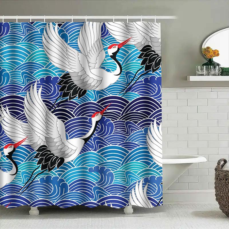 Blue Waves White Cranes Shower Curtain: Unique Home Decor For Bathrooms Printed Fabric Waterproof Hanging Decorations (Size Xxl)