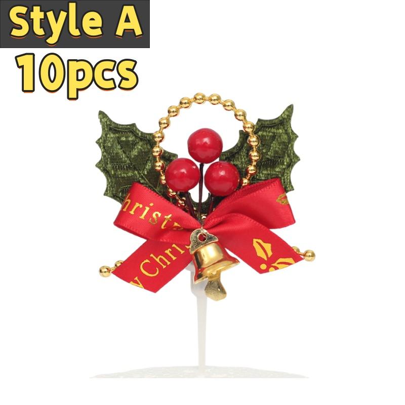 10pcs Christmas Cake Picks Cake Toppers with Bow Holiday Cupcake Toppers Wreath for Holiday Christmas Cake Ornaments Decorations